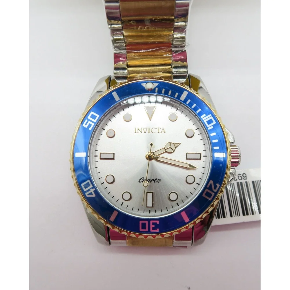 Invicta Pro Diver Vitreos Mens Watch 42mm Two Tone Gold Steel Blue Bezel 69398
